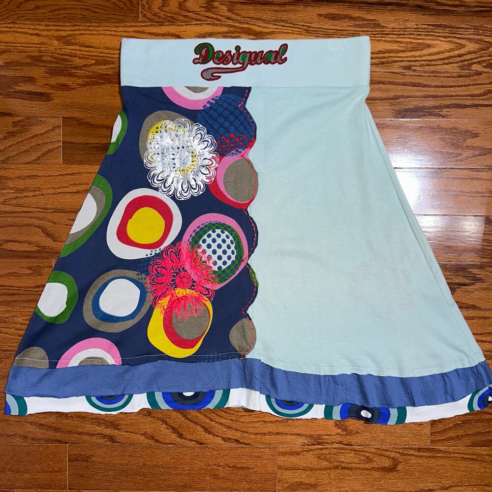 Desigual Colorful Boho Art Embroidered Floral Cotton A-Line Skirt Size Large - Picture 12 of 16